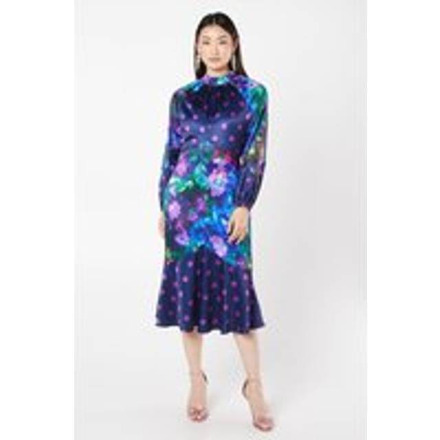 Printed Satin Long Sleeve Midi Wedding Guest Dress - Navy - 8