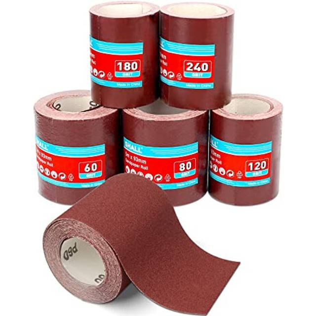 Sandpaper Roll Set 5 Rolls, 9.3cm x 5m, 60/80/120/180/240 Grit, Aluminium Oxide Abrasive Sanding Paper for