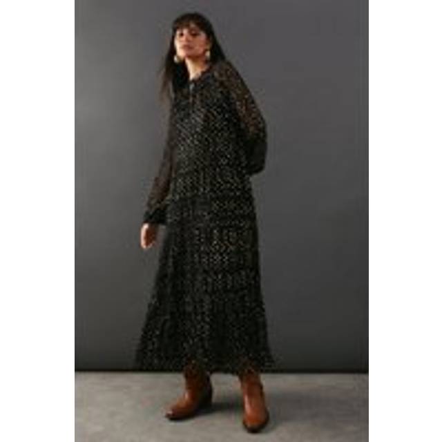 Warehouse Womens Metallic Jacquard Dobby Lace Insert Midi Smock Dress - Black - Size 10 UK