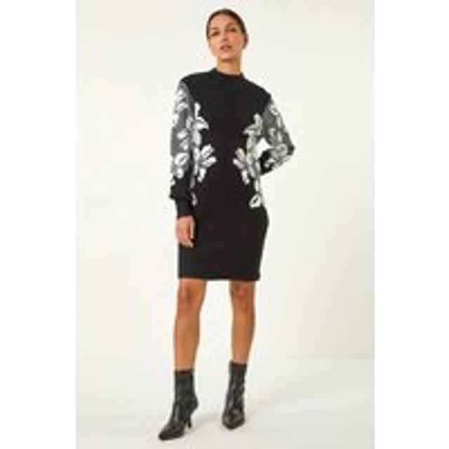 Floral Jacquard Knitted Dress - Black - 18