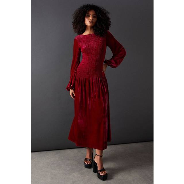 Warehouse Womens Velvet Ruched Body Puff Sleeve Midi Dress - Pink - Size 8 UK