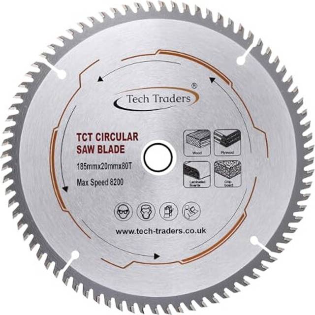 TCT18520B80T Tech Traders TCT Circular Saw Blade 185mm x20mm Bore 80T (16mm ring) fits Bosch Evolution Makita etc