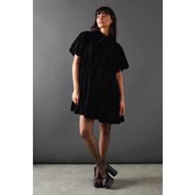 Warehouse Womens Velvet Crinkle Tie Neck Puff Sleeve Tier Hem Mini Dress - Black Cotton - Size 8 UK
