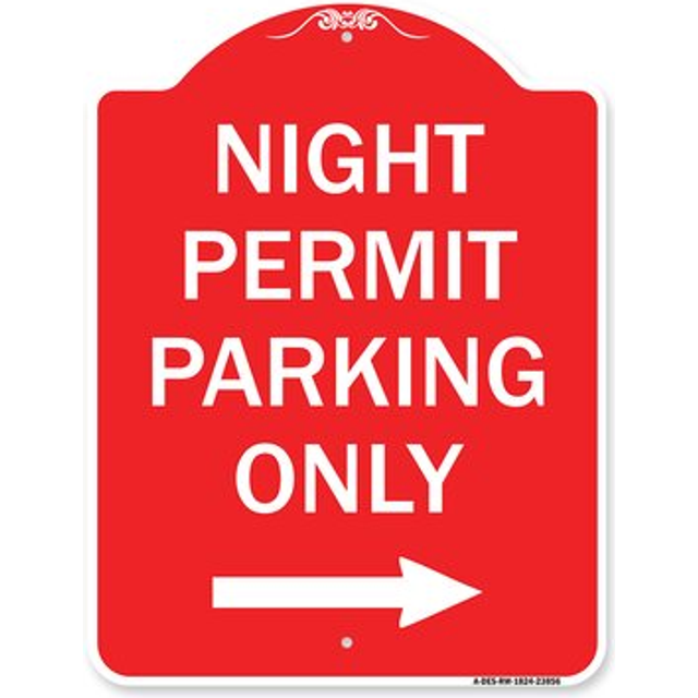 SignMission A-DES-RW-1824-23856 18 x 24 in. Designer Series Sign - Night Permit Parking Only with Right Arrow, Red & White
