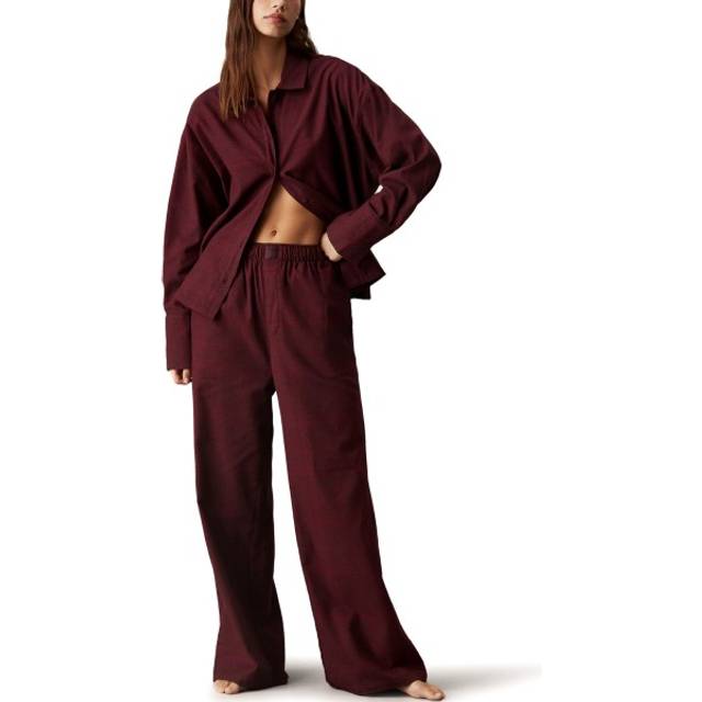 Calvin Klein Flannel Sleep Button Pant Set Female2 - Wine red - X-Large