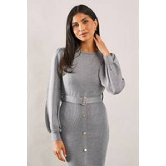 Womens Belted Button Down Midi Jumper Dress - Charcoal - XL
