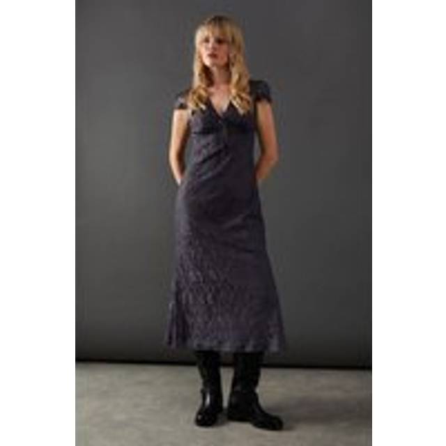 Warehouse Womens Lace Cap Sleeve Bow Front Midi Tea Dress - Charcoal - Size 12 UK
