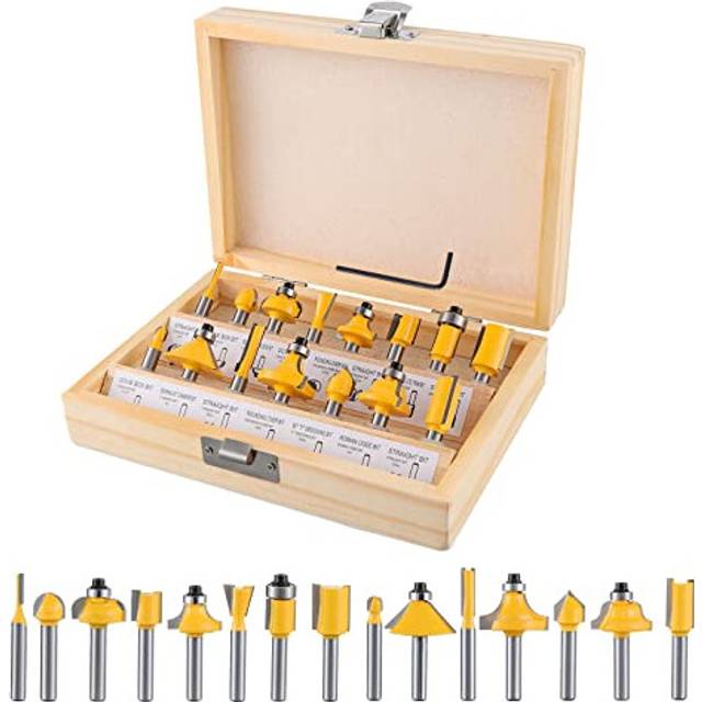 15 Pieces Router Bits, 6.35mm 1/4 Inch Shank Router Bits Set, Tungsten Carbide Router Bit Set with Wooden Box, Milling
