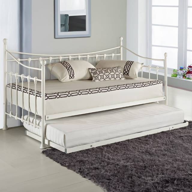 Kosy Koala Daybed With Trundle white 3ft single twin bed and 2 mattresses pull out metal guest room bedroom living room, White