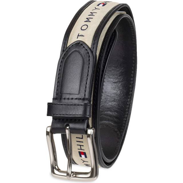 Tommy Hilfiger Men's Leather Casual Belt with Fabric Inlay - Black - Black with Natural Inlay (34)