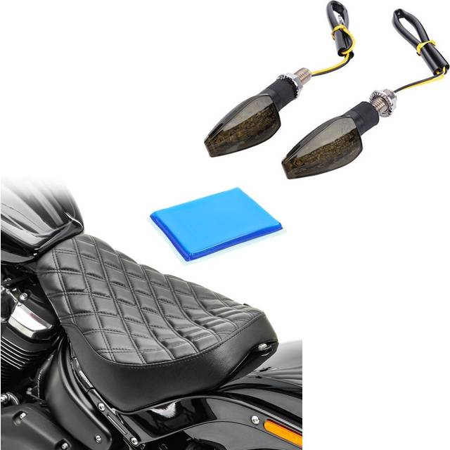 Set: Solo Sitz Gel passend für Harley Davidson Softail Street Bob / Standard 18-25 Sitzbank DS4 + LED Blinker für Honda Rebel 500 CMX E-Prüfzeichen Lumitecs RP12 getönt schwarz