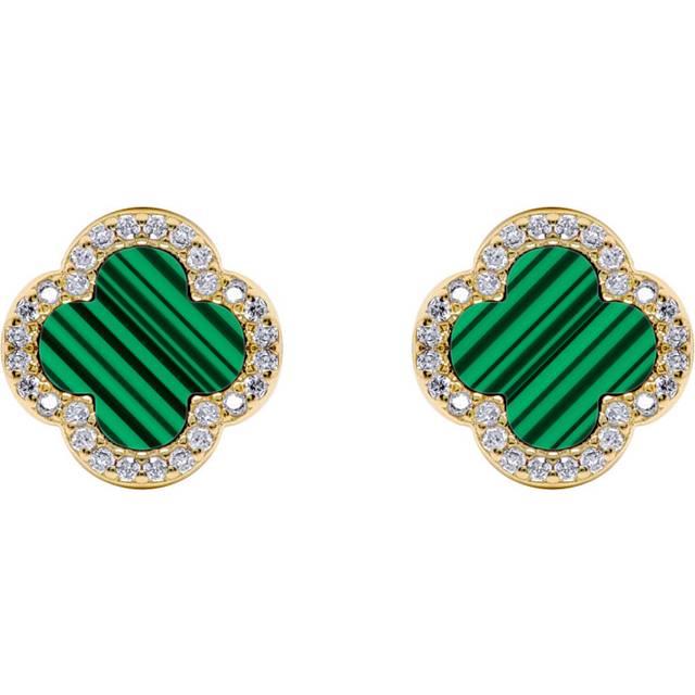 Jewelco London Gold-plated Silver Green Clover Malachite & CZ Halo Lucky Charm Earrings 11mm - AES261-GP