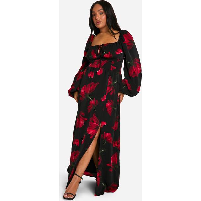 Womens Plus Ditsy Balloon Sleeve Milkmaid Maxi Dress - Black - 18