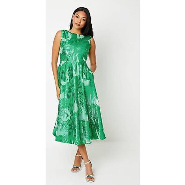 Premium Jacquard Midi Wedding Guest Dress - Green - 8