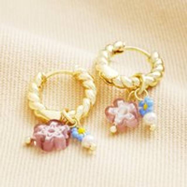 Millefiori Flower Bead Twisted Drop Huggie Hoop Earrings in Gold - gold/purple/blue - one size