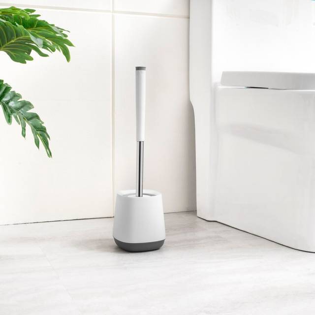 [Upgraded] Twin-Pack, Toilet Brush with Drainage Holder Set,Flex Silicone Anti-Clog Anti-Drip Brush Head, White/Grey Colour with Stainless Steel