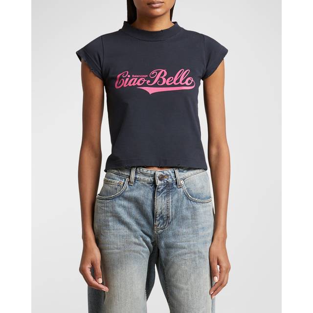Logo Distressed Crop Shrunk T-Shirt - 1055 WASHED BLACK - X-Small