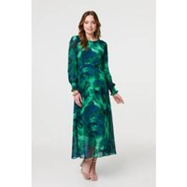 Izabel London Printed Long Sleeve Chiffon Midi Dress - Green - 16