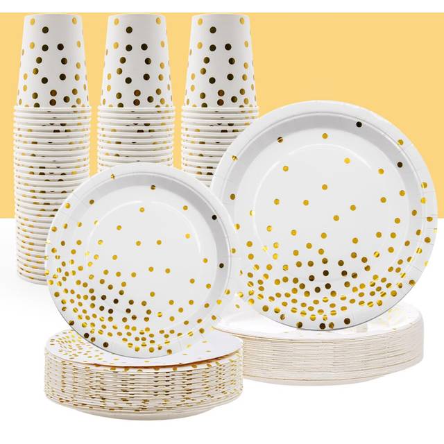 Party Tableware, White Gold Paper Plates, 90pcs Party Plates Set with Reusable Paper Dinner Plates, Cups, Dessert Plates for Birthday, Engagement,