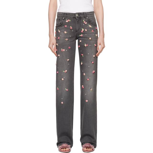 Blumarine Gray Wide Leg Embroidery Roses Jeans - D0975 STEEL GREY - IT 40