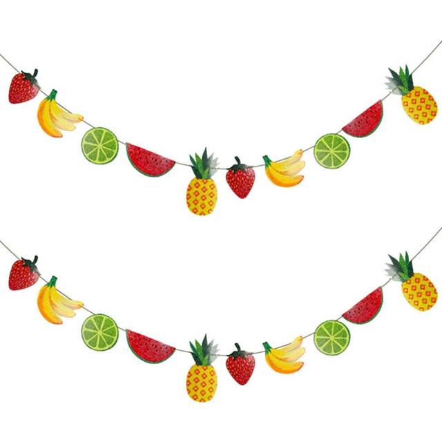 2Pcs Summer Fruits Banner Watermelon Banana Kiwi Pineapple Garland Paper Pull Flag Summer Tropical Tutti Bunting Banner for Birthday Summer Luau