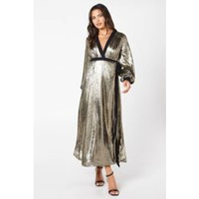 Party Metallic Long Sleeve Wrap Dress - Gold - 10