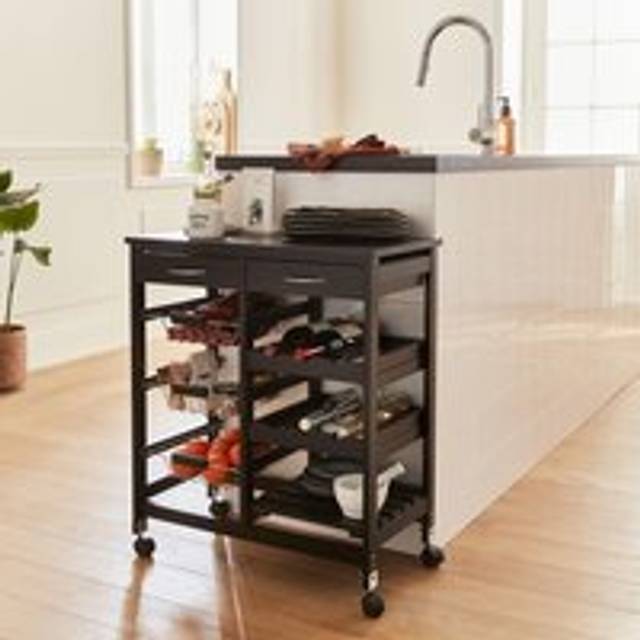 Wood-effect kitchen cart with wheels, Charlotte, Black, 65x35x76 cm