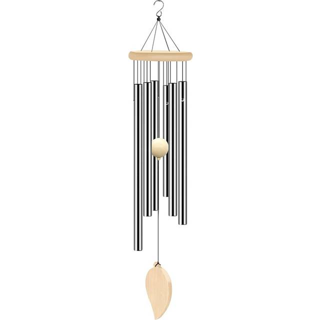 Wind Chimes Outdoor, Memorial Wind Chimes with Hook and 6 Tubes, Wooden Wind Chime Decor for Home, Garden, Patio,Silver