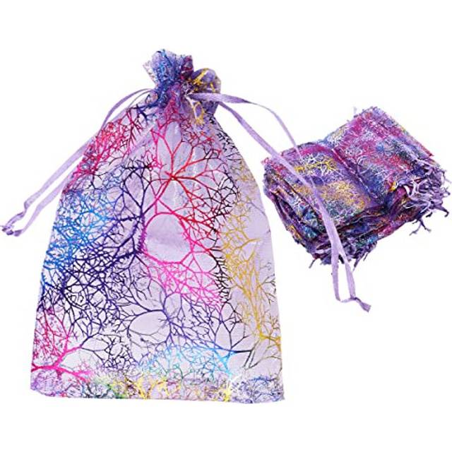 100Pcs Coral Pattern Organza Drawstring Bags Candy Pouch Chocorate Pouch Party Wedding Favor Gift Bag 13 x 18cm (Purple)