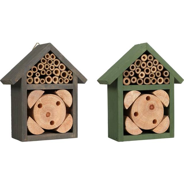 (Grey & Green) Wooden Insect Bee House Small Bug Hotel Shelter Garden Nest Nesting Box Set 2x