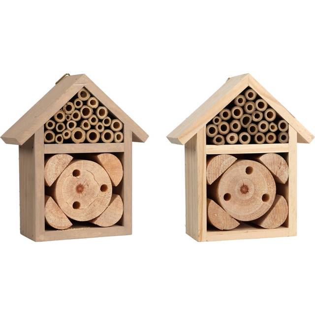 (Taupe & Natural Wood) Wooden Insect Bee House Small Bug Hotel Shelter Garden Nest Nesting Box Set 2x