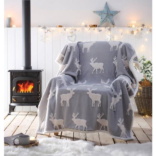 Portfolio Living Moose Throw Grey Fleece Blanket Reversible Sherpa 130x170cm