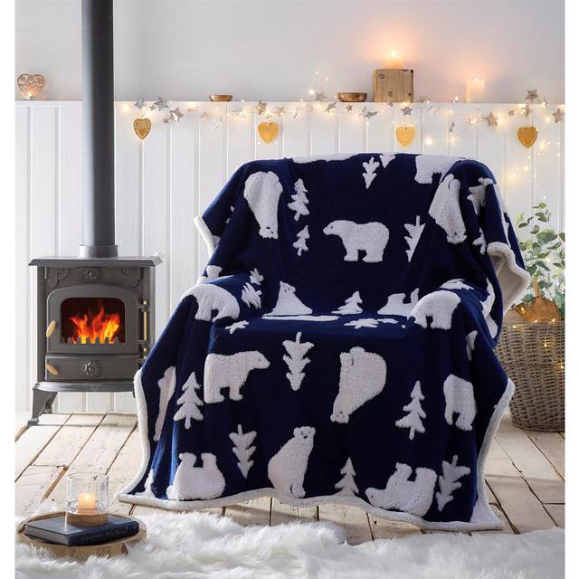 Portfolio Living Polar Bear Throw Navy Fleece Blanket Reversible Sherpa 130x170cm