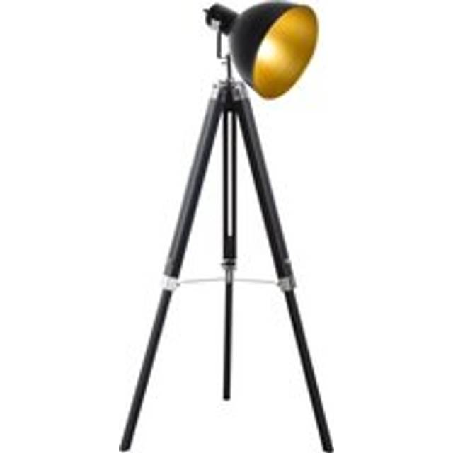 Industrial Floor Lamp for Living Room Tripod Spotlight Reading Lamp w/Wood Legs Metal Shade Adjustable Height Angle for Bedroom Home Office Black and Gold