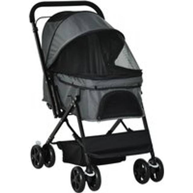 Pawhut Pet Stroller Pushchair Foldable Travel Dog Cat Carriage With Reversible Handle Brake Basket