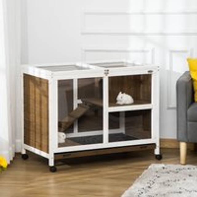 PawHut Wooden Rabbit Hutch Guinea Pigs House Bunny Small Animal Cage W/ Pull-out Tray Openable Roof Wheels 91.5 x 53.3 x 73 cm