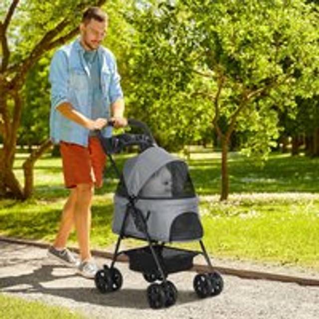 PawHut Dog Stroller Pet Cat Travel Pushchair One-Click Fold Trolley Jogger with EVA Wheels Brake Basket Adjustable Canopy Safety Leash for Small Dogs