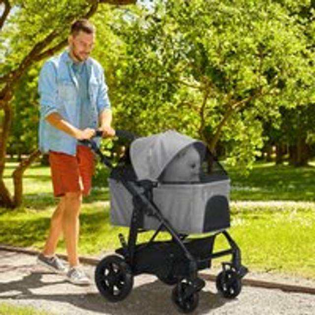PawHut Dog Stroller Pushchair Detachable Pet Carrier Carrying Bag Foldable Trolley Shock absorbing System Adjustable Handlebar for Small Dogs Grey