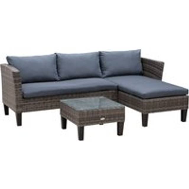 4 Seater Garden Sofa PE Rattan Set w/ 2 Seat Square Glass Top Coffee Table Corner Sofa Thick Cushions Solid Legs Metal Frame