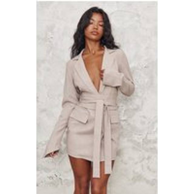 Stone Woven Wrap Belted Blazer Dress, White - 10