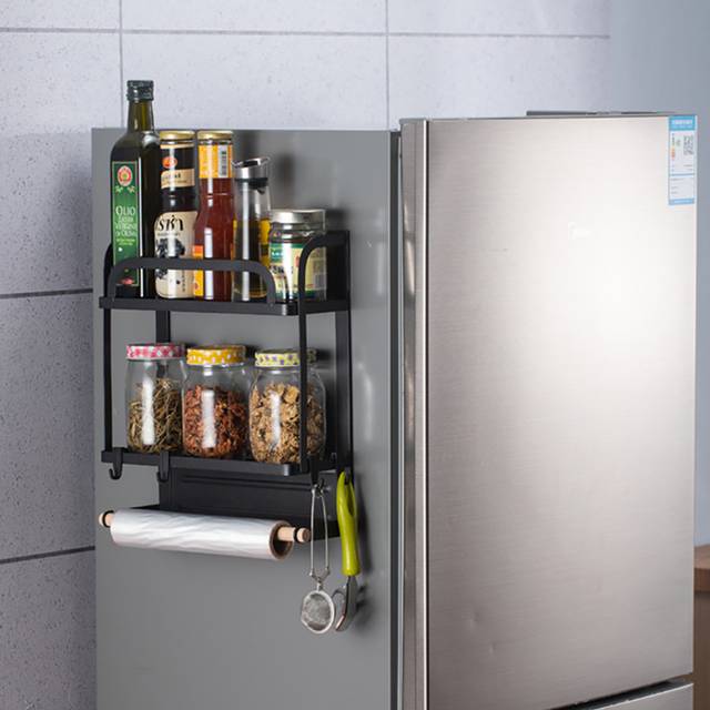 Magnetic Fridge Side Storage Hanging Shelf With Paper Towel Rolling Holder - Black