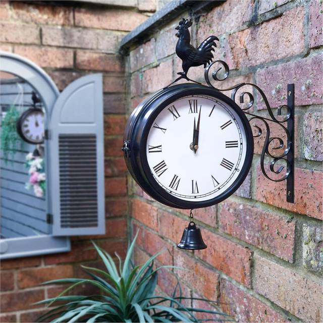 Large 20cm Double Sided Outdoor Station Wall Clock Retro Metal Rooster with Iron Bracket