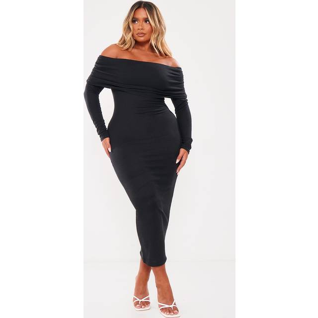 Shape Black Rib Bardot Long Sleeve Maxi Dress, Black - 12