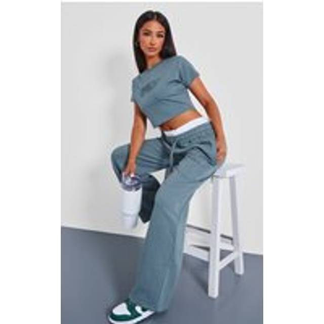 Petite Teal Plt Embossed Wide Leg Joggers, Blue - M