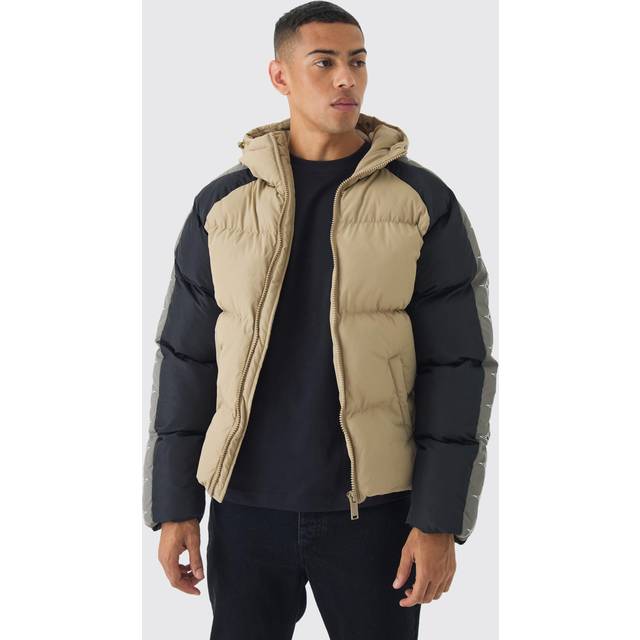 Worldwide Hooded Colour Block Puffer Coat In Stone - Beige - M
