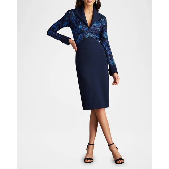 Embroidered Lace and Crepe Bodycon Dress - MIDNIGHT - 14