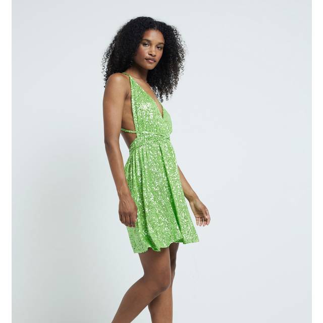 River Island Womens Green Sequin Embellished Plunge Mini Dress - 6