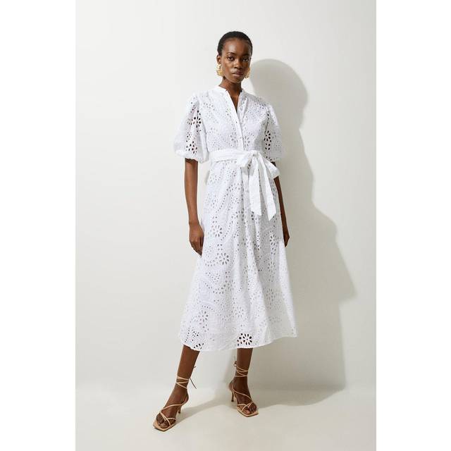 Cotton Broderie Belted Woven Midi Dress - White