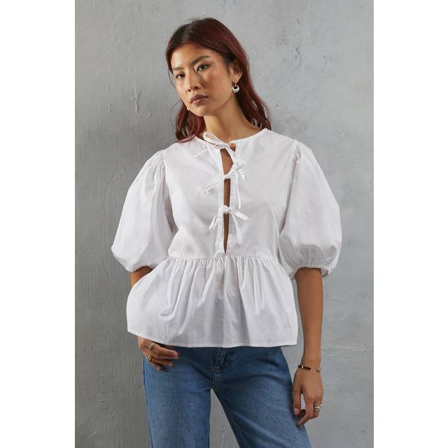 Warehouse Womens Poplin Tie Front Volume Sleeve Blouse - White Cotton - Size 10 UK