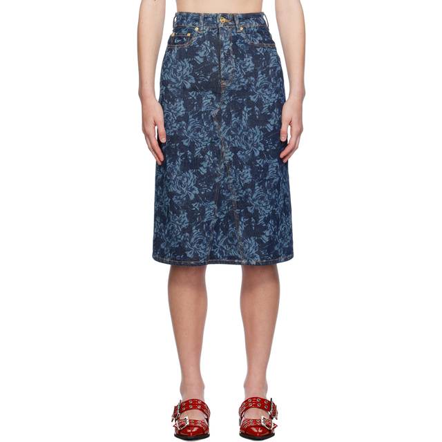 GANNI Blue Lazer Denim Midi Skirt - 566 Mid Blue Stone - DK 32